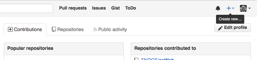 The first step in creating a repository on GitHub: clicking the "create new" button