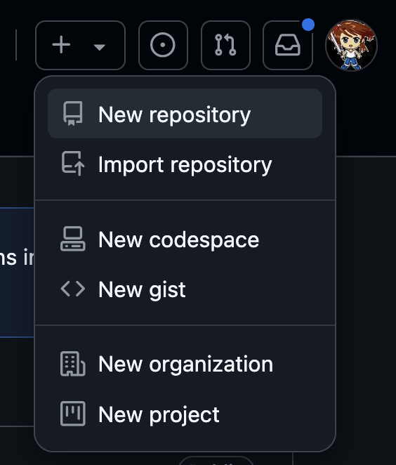 The first step in creating a repository on GitHub: clicking the "create new" button