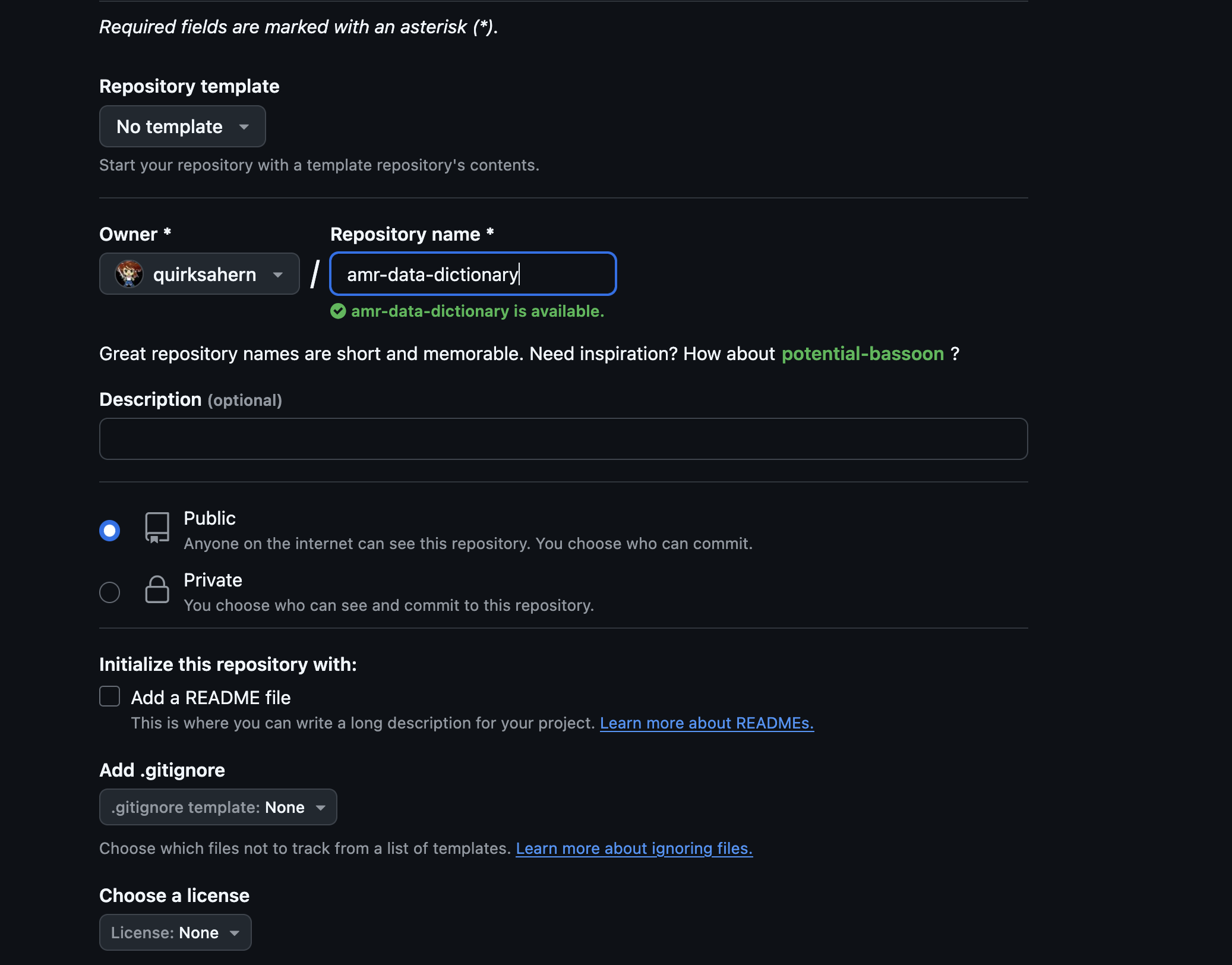 The second step in creating a repository on GitHub: filling out the new repository form to provide the repository name, and specify that neither a readme nor a license should be created