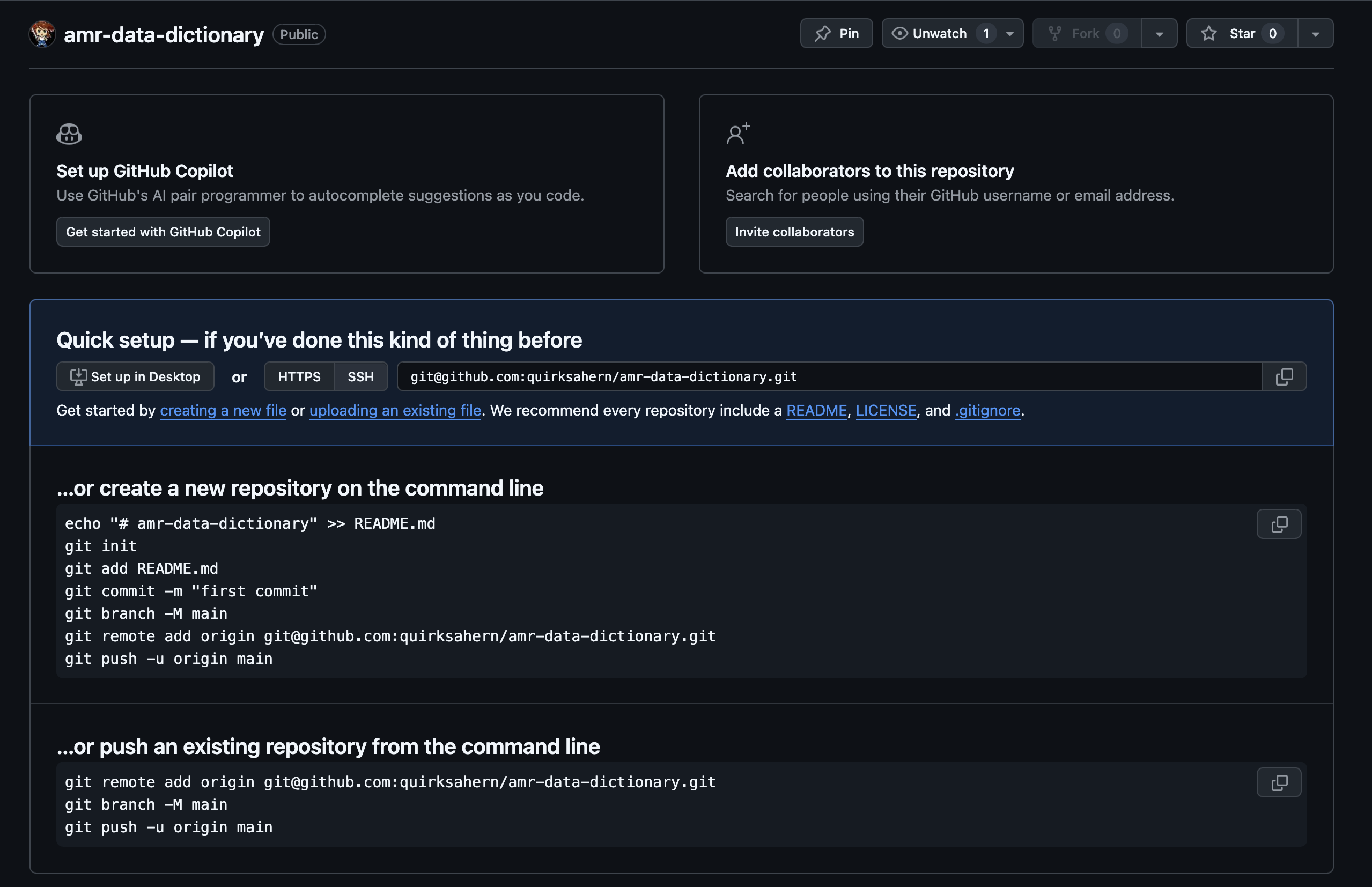 The summary page displayed by GitHub after a new repository has been created. It contains instructions for configuring the new GitHub repository as a git remote