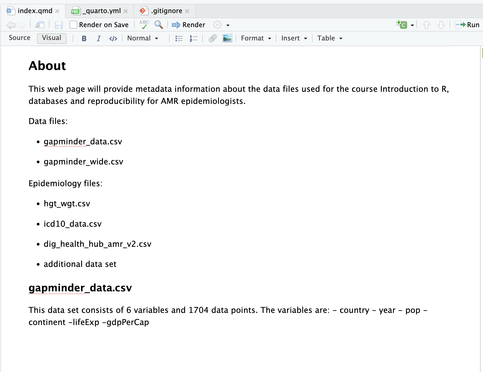 A screenshot showing owner update to index.qmd on a different line