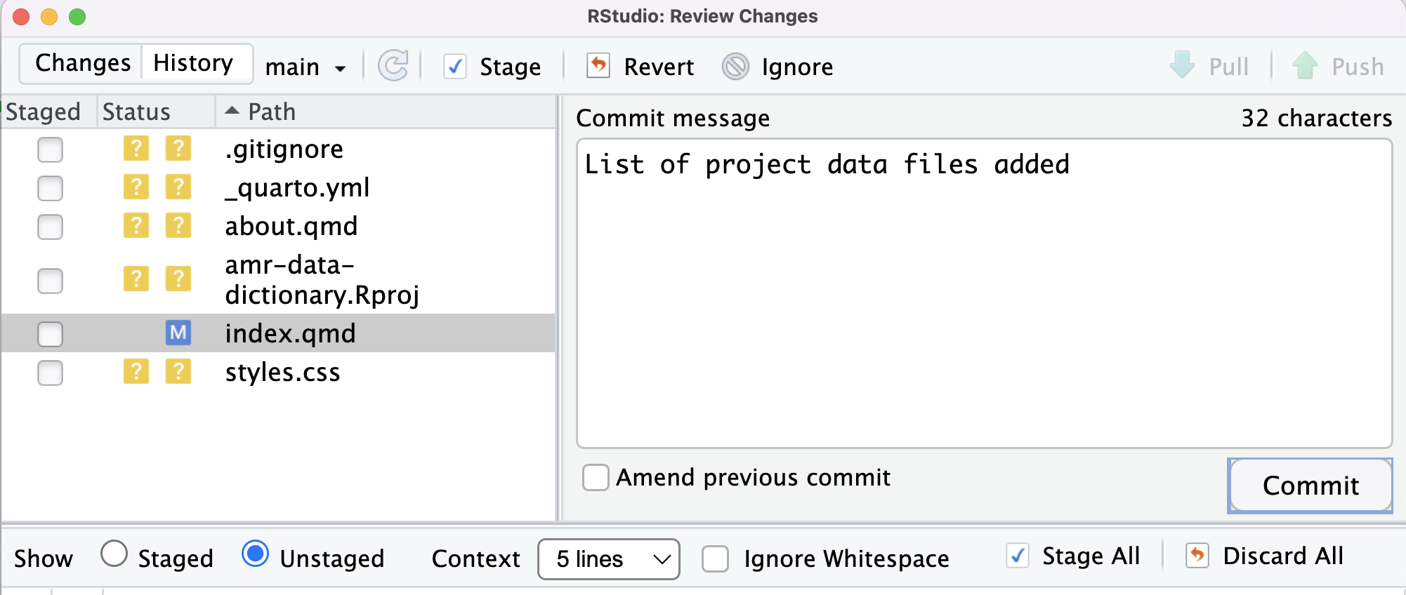 RStudio screenshot showing dialogue box when attempting to commit an unstaged commit.
