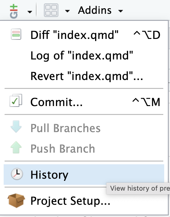 RStudio screenshot showing selection of History on Git dropdown menu.