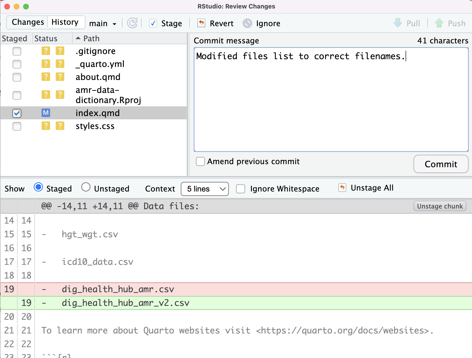 A screenshot of RStudio showing commit message for change