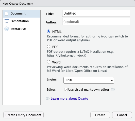 Screenshot of the New Quarto Document dialogue box in RStudio