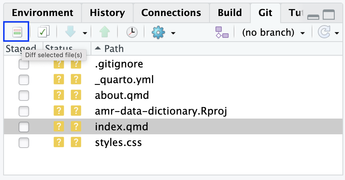 RStudio Git Diff icon, Git tab