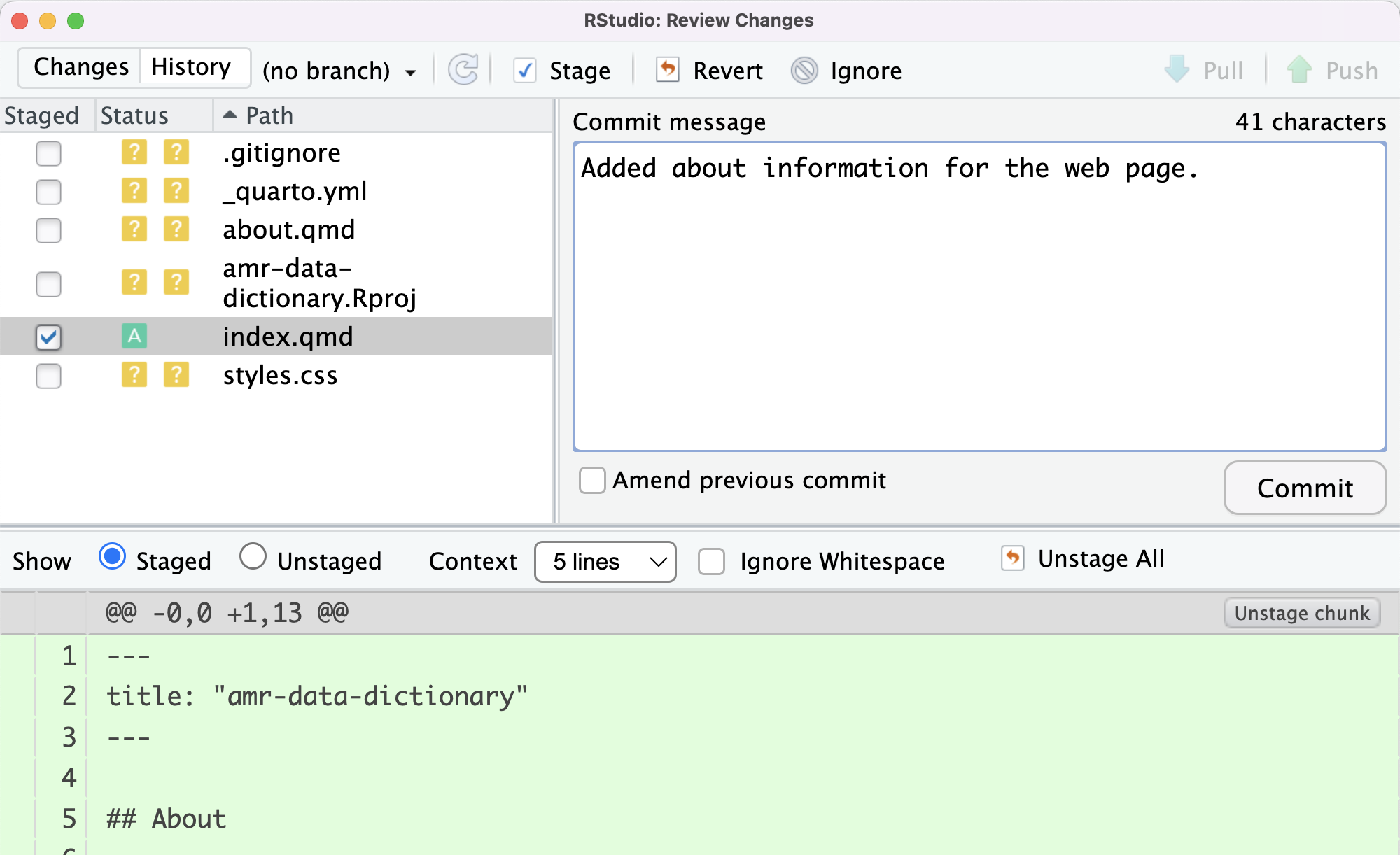 RStudio screenshot showing initial commit message for index.qmd.