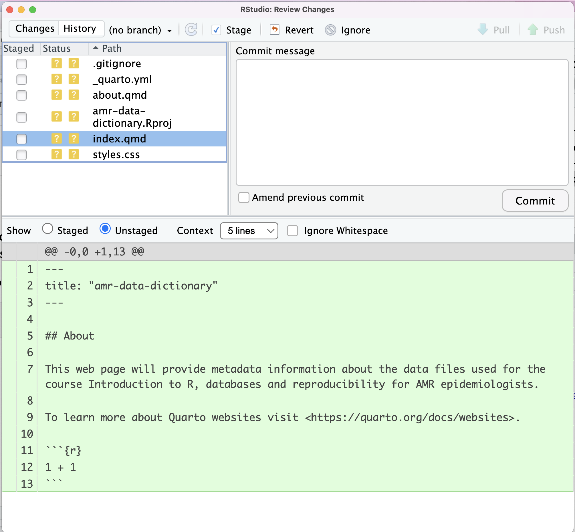 RStudio screenshot showing changes made to index.qmd and that these are unstaged.