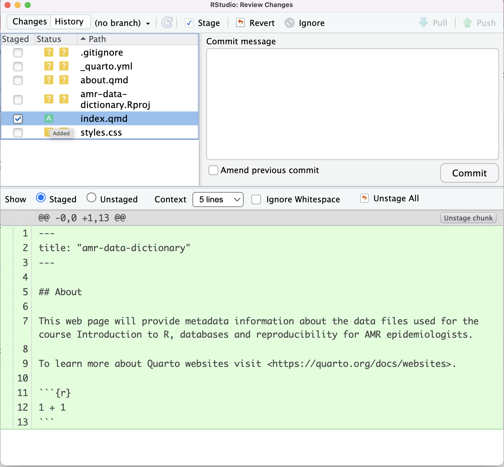 RStudio screenshot showing staging of index.qmd and change of ? to A under status column.