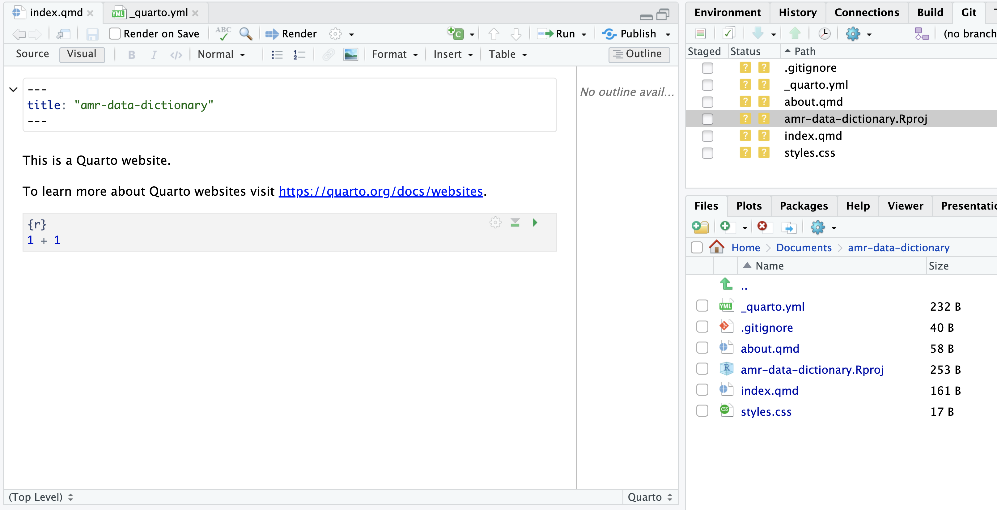 RStudio screenshot showing the default content of index.qmd automatically created.