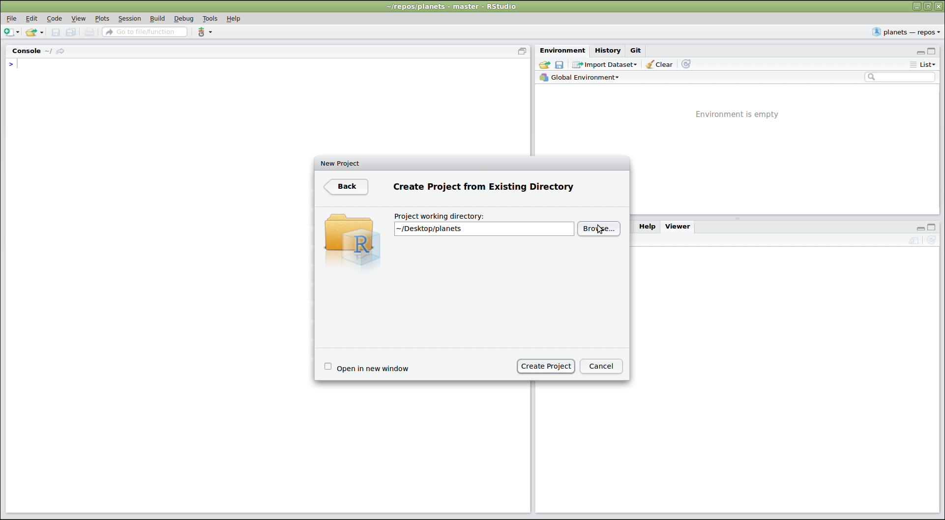 RStudio window showing the "Create Project From Existing Directory" dialog. In the dialog, the project working directory has been set to "~/Desktop/planets"