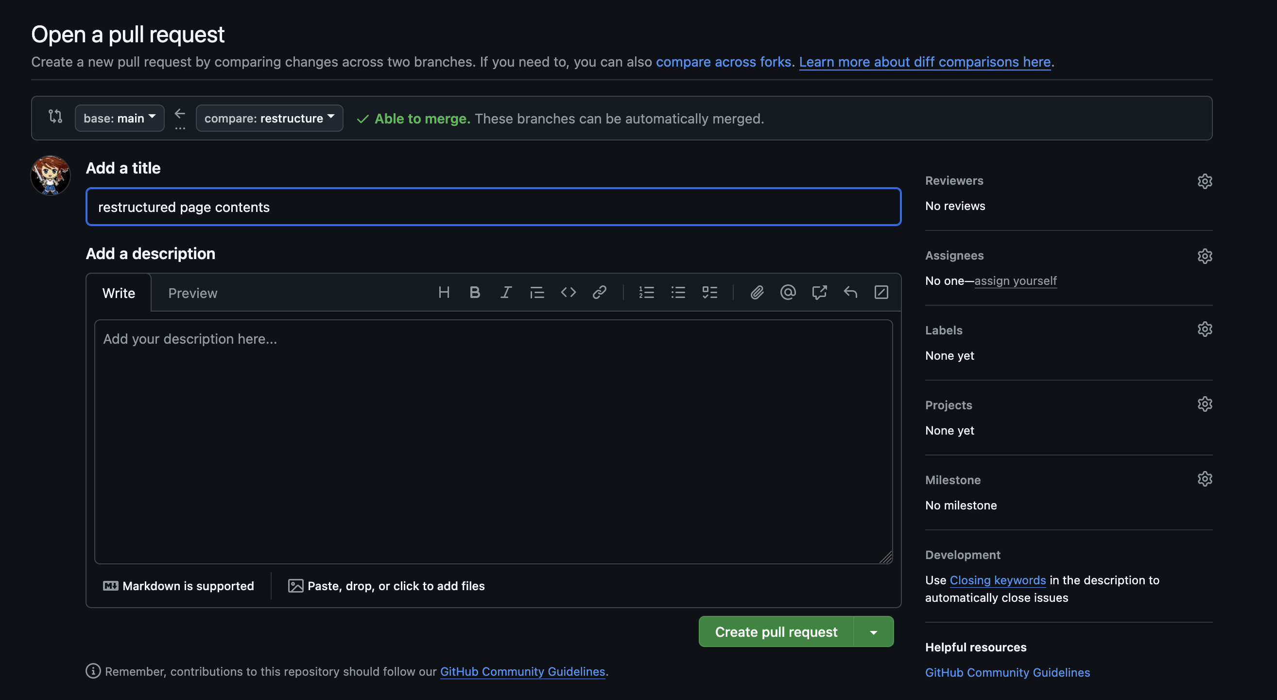 GitHub screenshot showing comparison options for new pull request