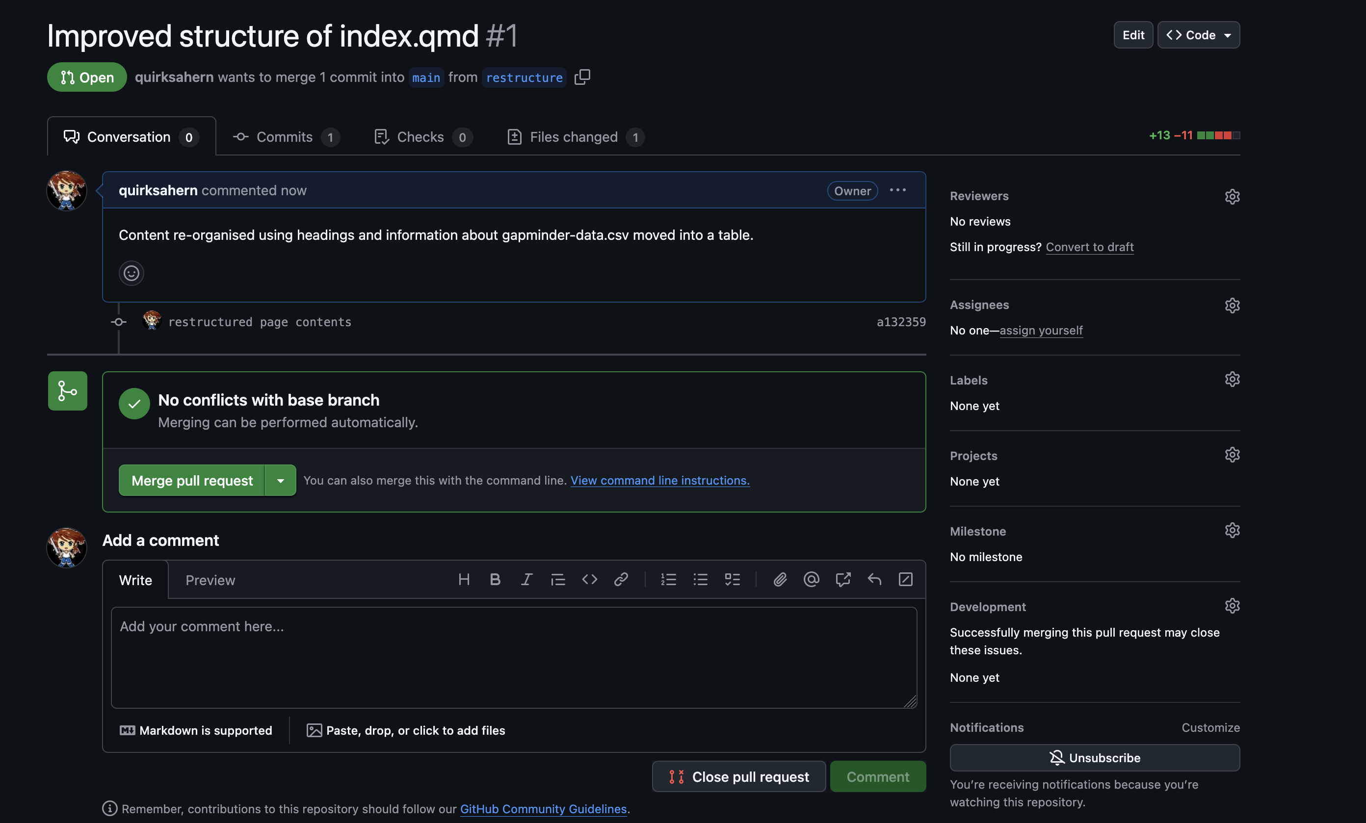 GitHub screenshot showing comparison options for new pull request