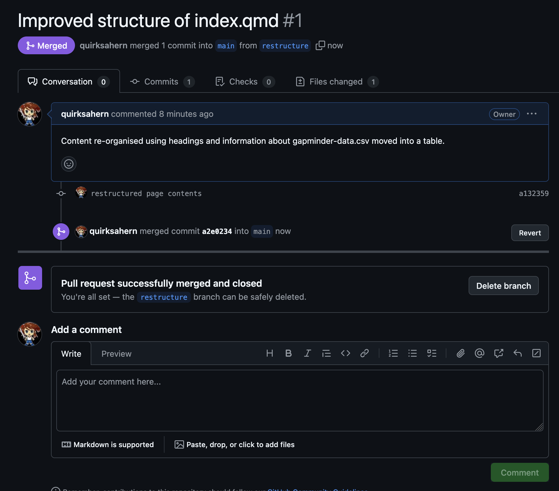 GitHub screenshot showing PR merged and closed