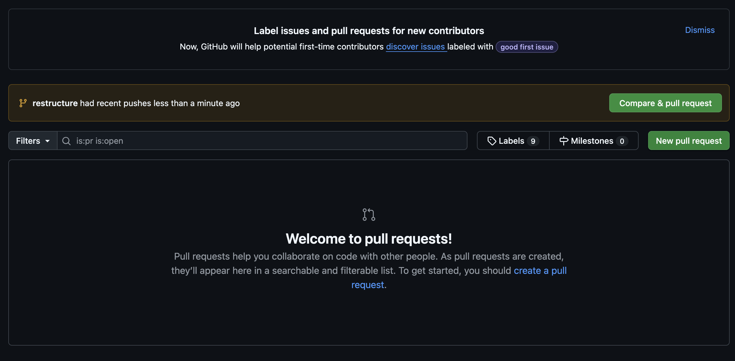 GitHub screenshot showing pull requests, none currently open