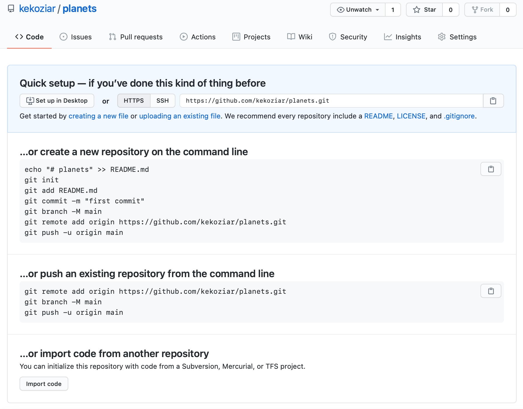 The summary page displayed by GitHub after a new repository has been created. It contains instructions for configuring the new GitHub repository as a git remote