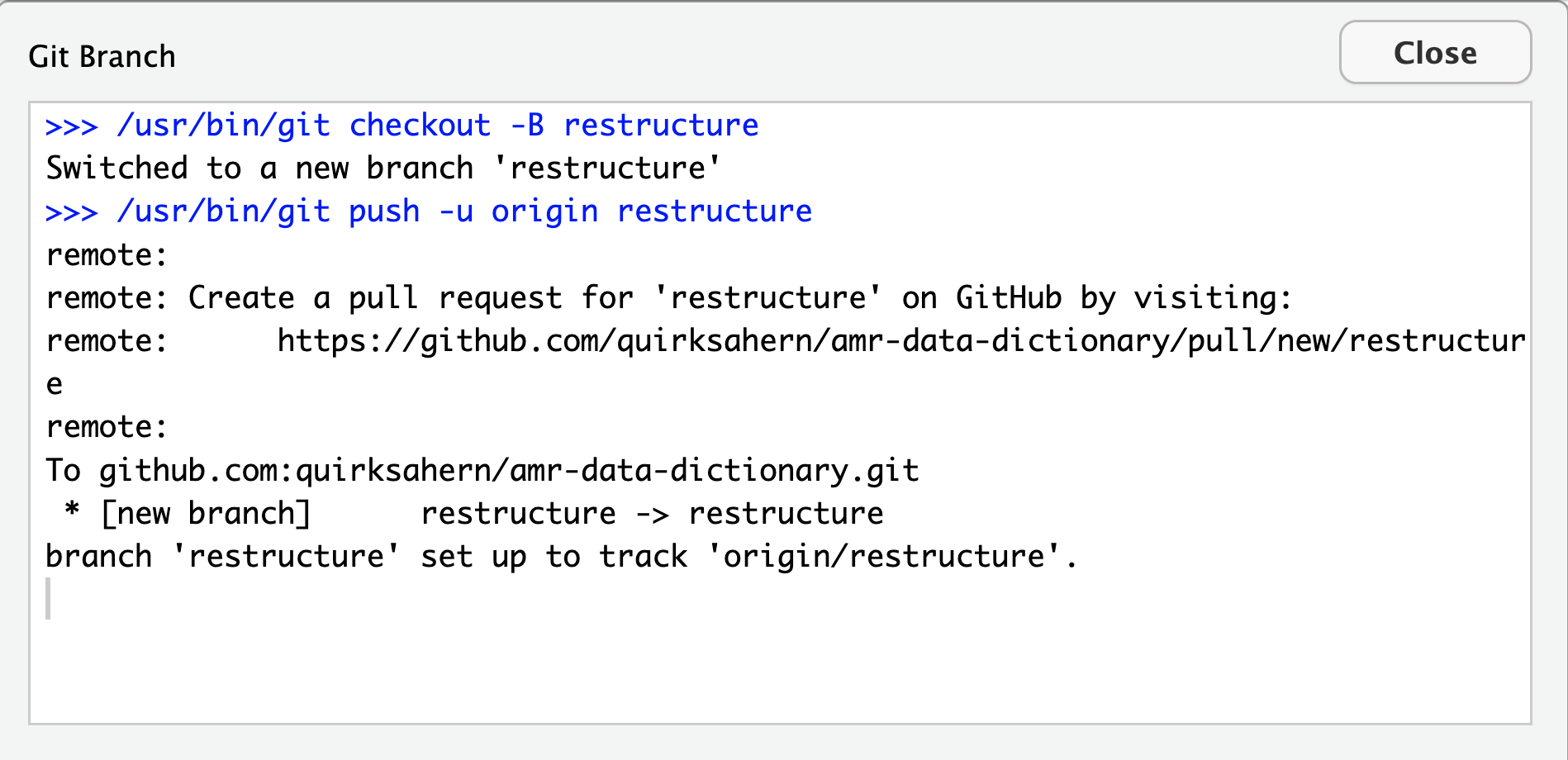 creating a new Git branch called restructure