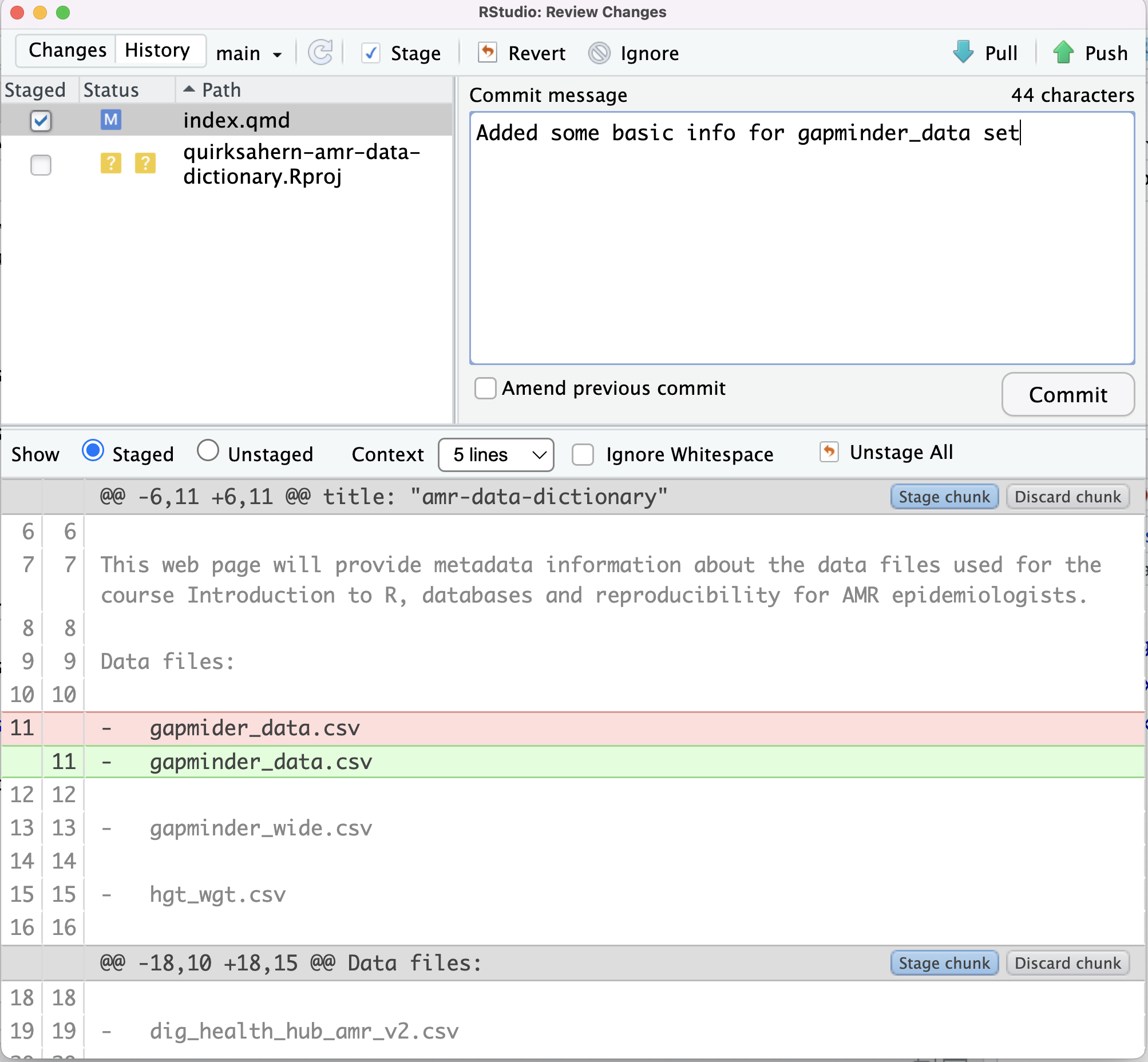 A screenshot of RStudio showing commit window and meesage for amended file.