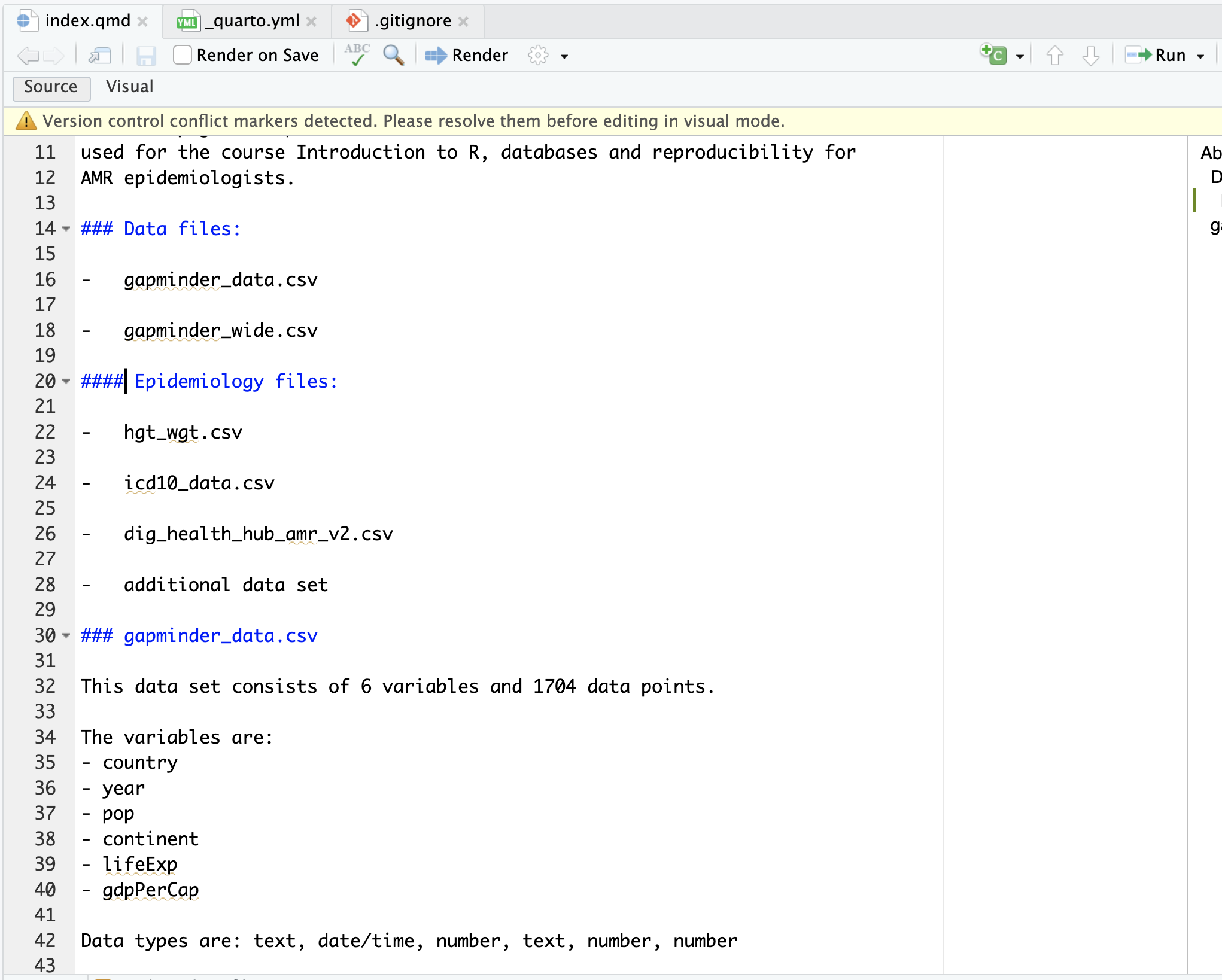 A screenshot showing modified index.qmd to resolve merge conflicts