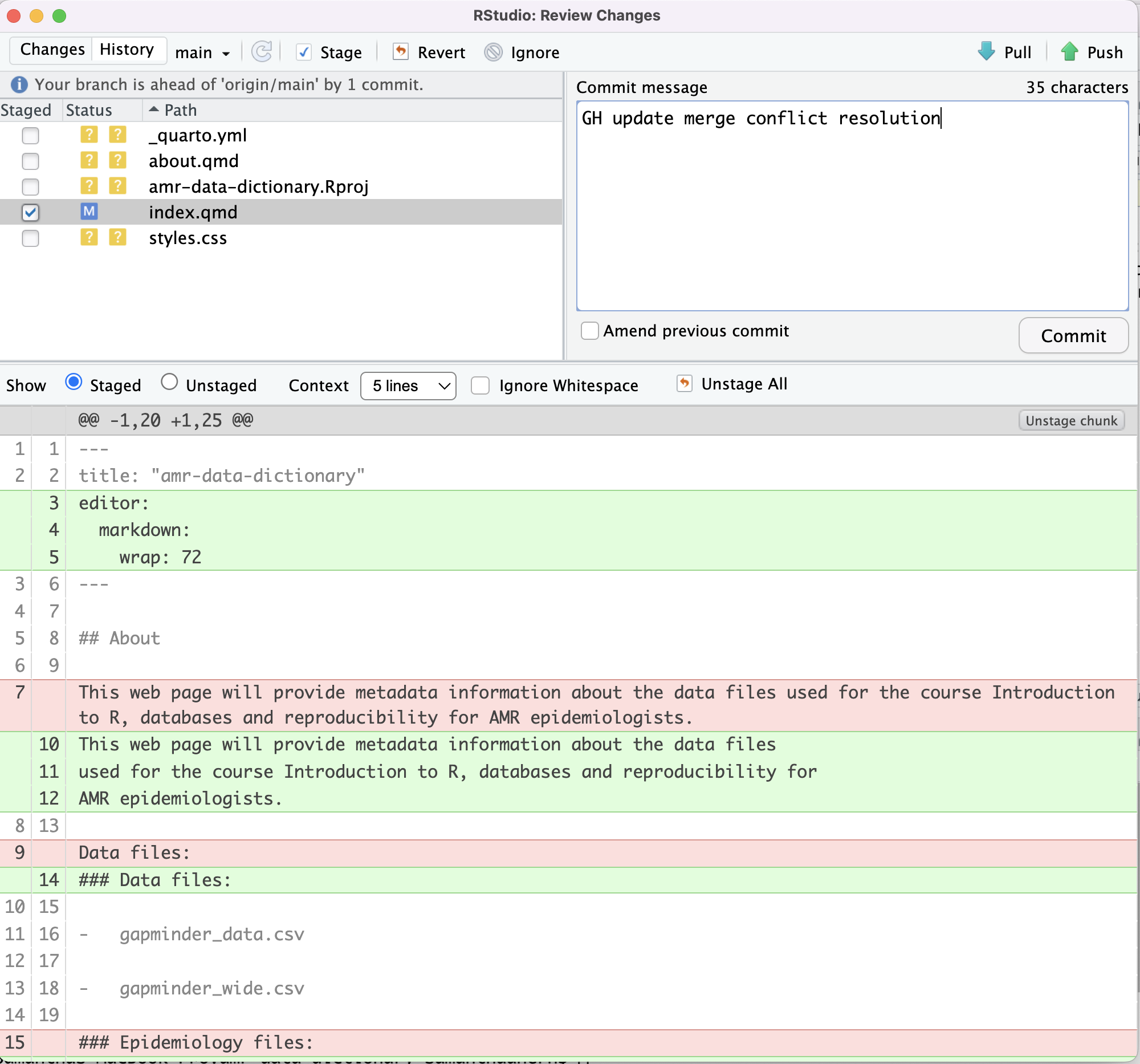 Screenshot showing commit of resolved merge