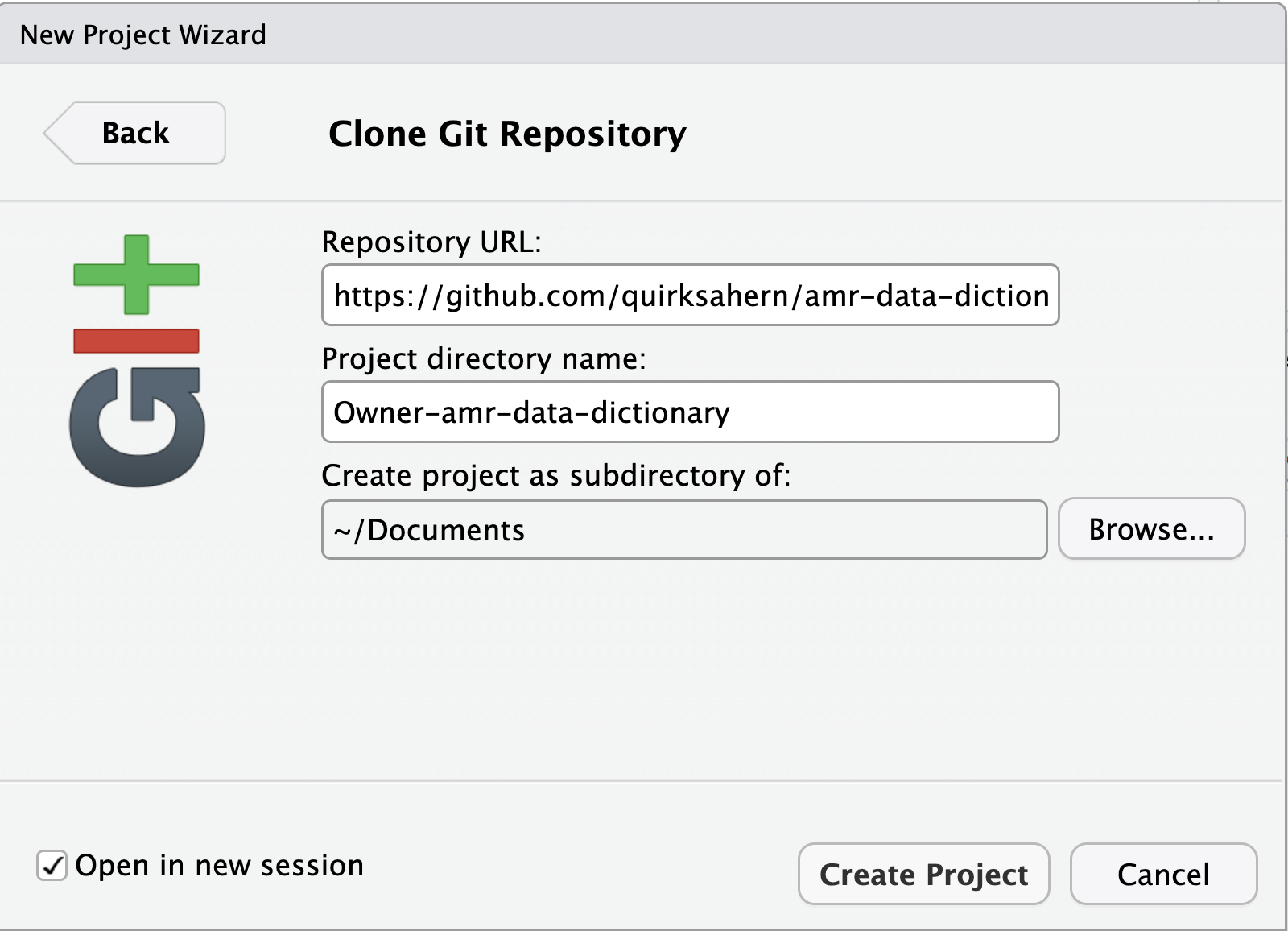 A screenshot of RStudio dialogue box showing completed details of repo to be cloned.