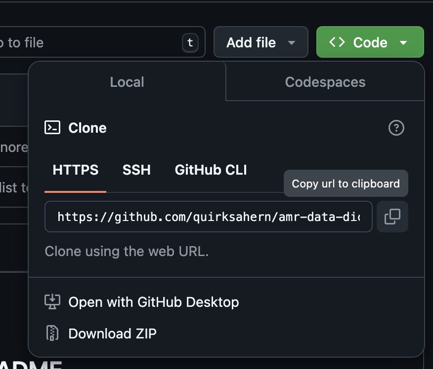 A screenshot of GitHub showing clone URL