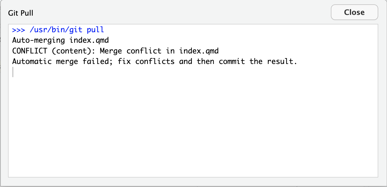 A screenshot of dialogue box explaining merge conflicts need to be resolved