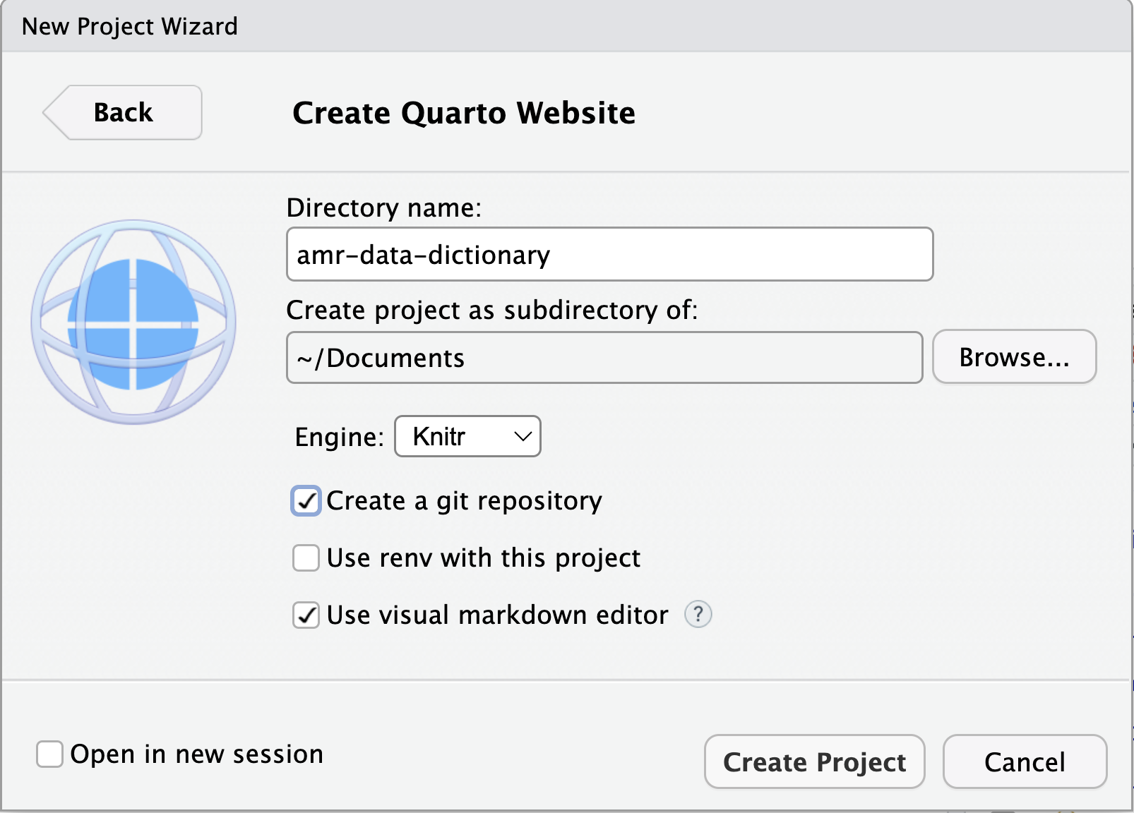 RStudio screenshot showing New Project wizard dialog window with the Directory name added and the Create a git repository box checked