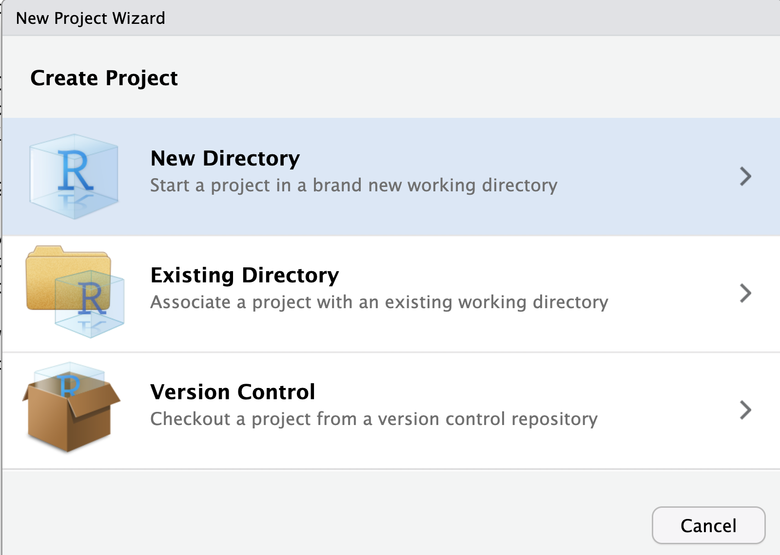 RStudio screenshot showing New Project dialog window with "New Directory" selected