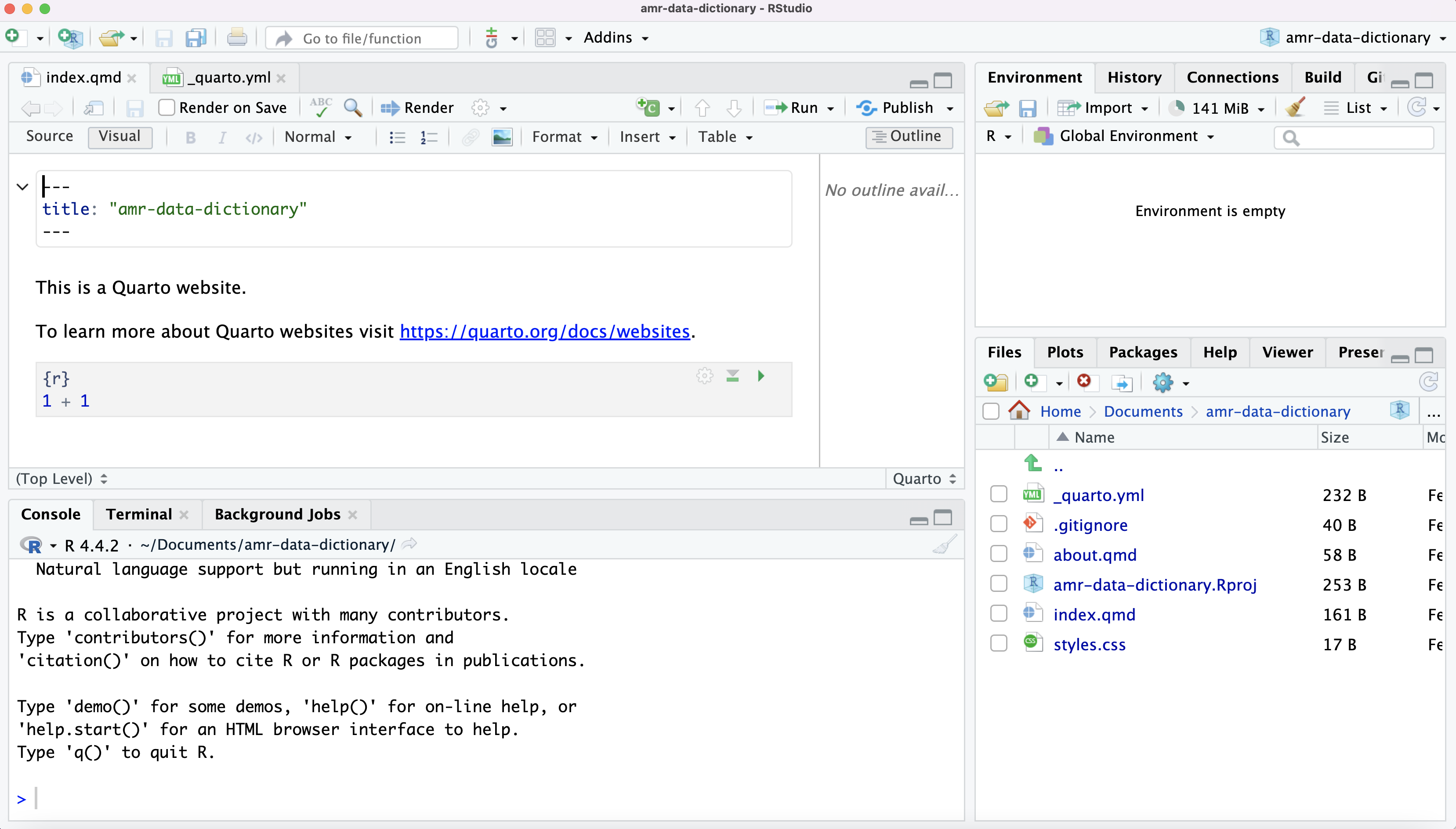 RStudio screenshot showing the files automatically added to the amr-data-dictionary directory