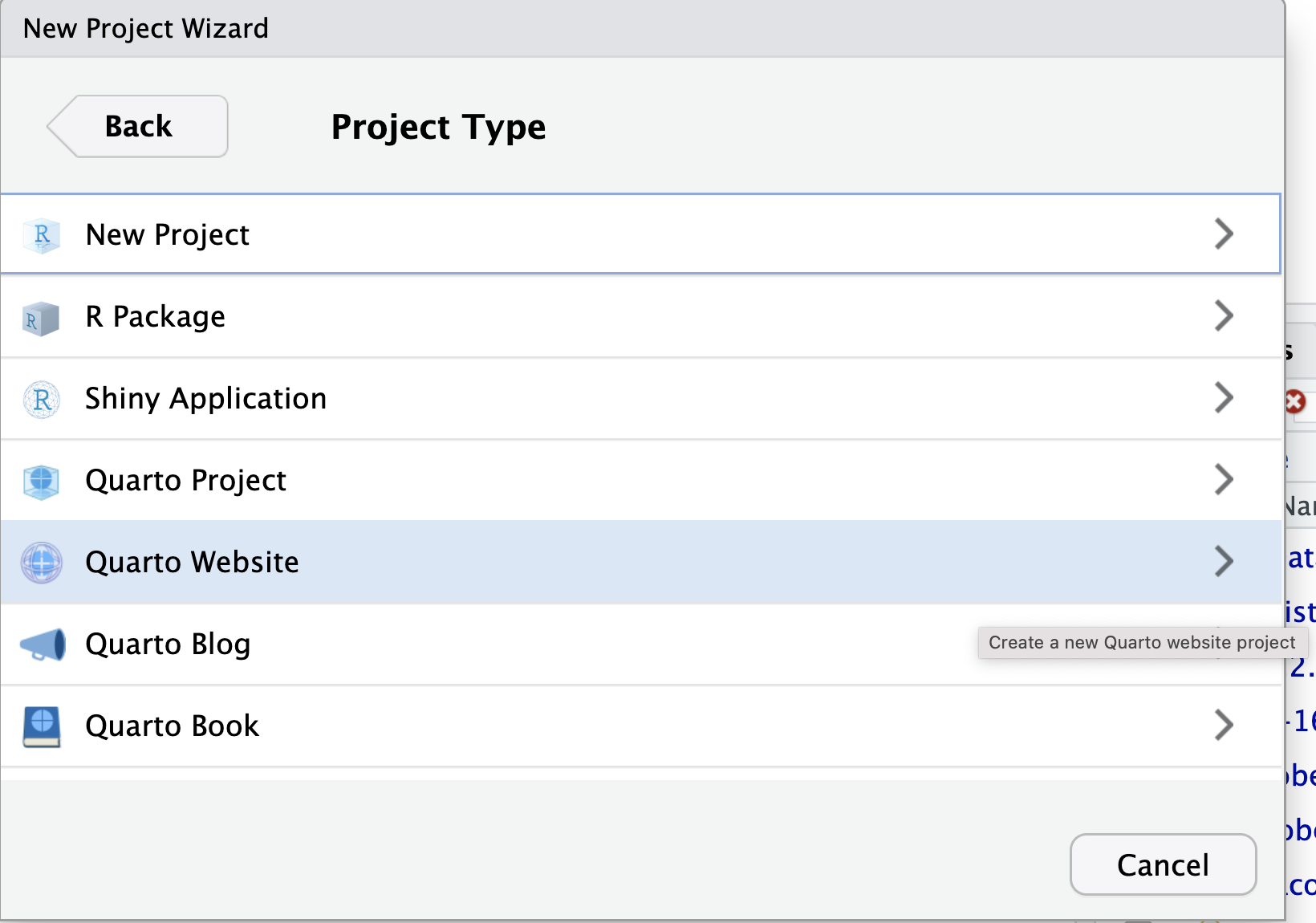 RStudio screenshot showing New Project dialog window with "Quarto Website" selected