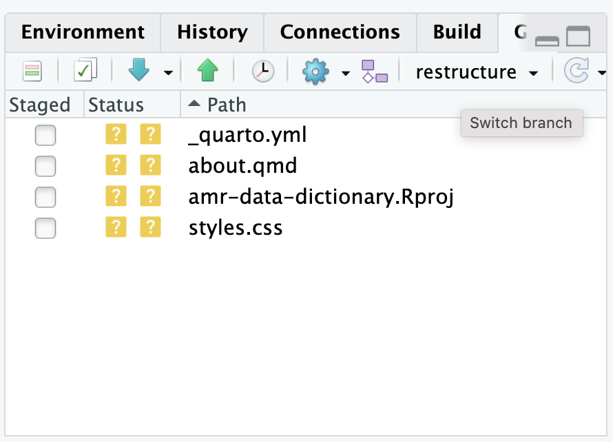 screenshot in RStudio showing current working branch