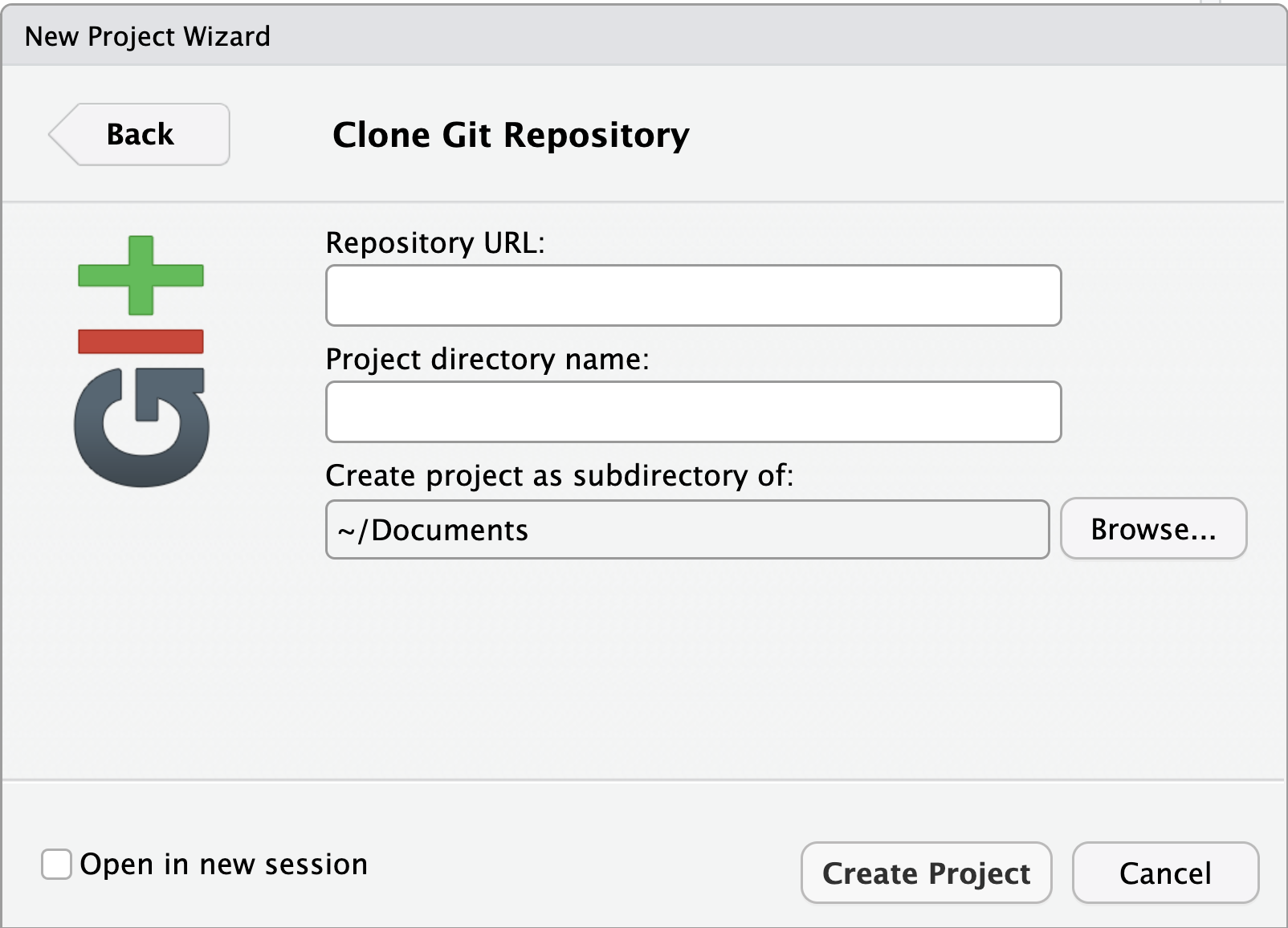 A screenshot of RStudio New Project wizard dialogue box showing Git repository information required