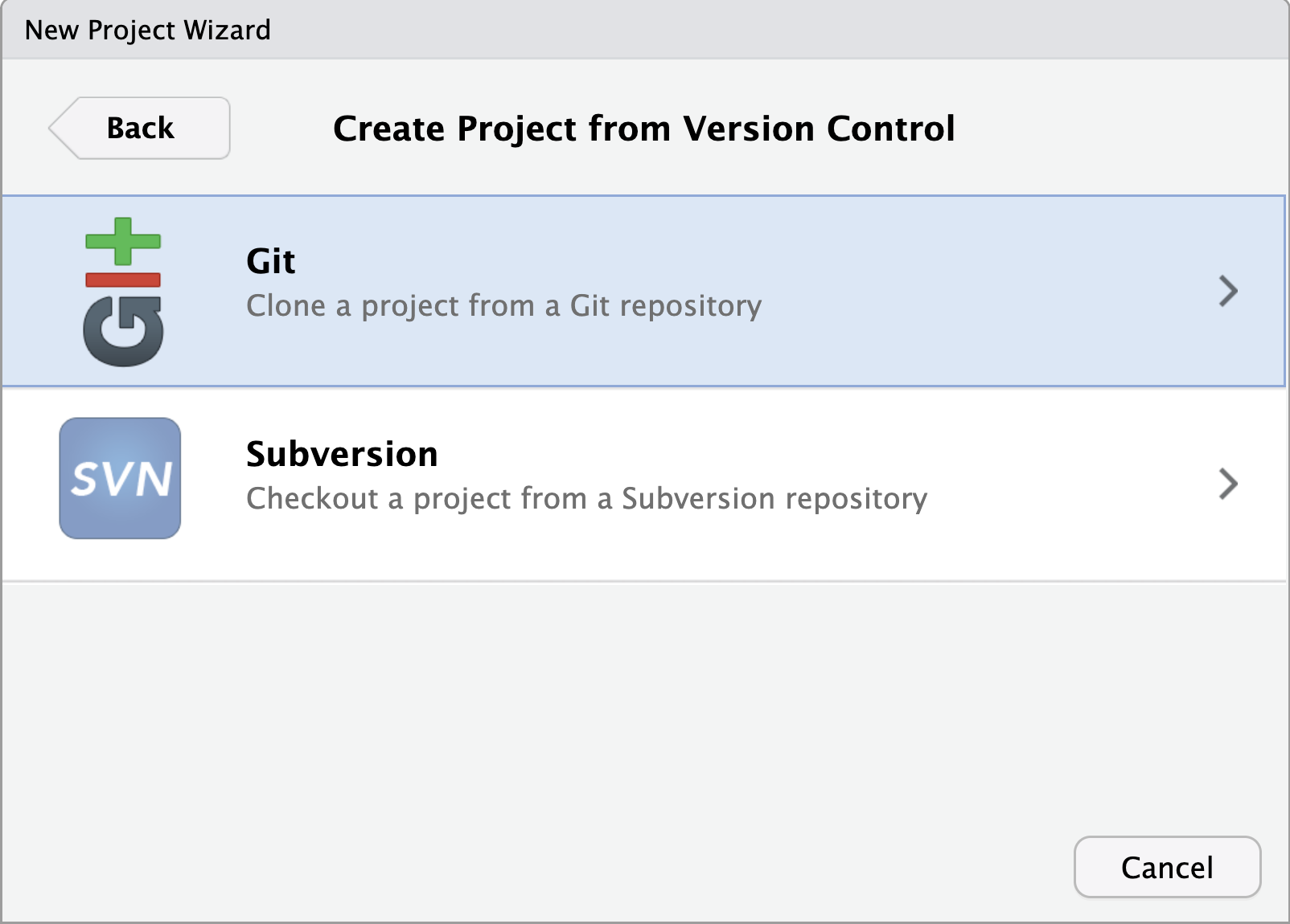 A screenshot of RStudio New Project wizard dialogue box showing Git and SVN as options