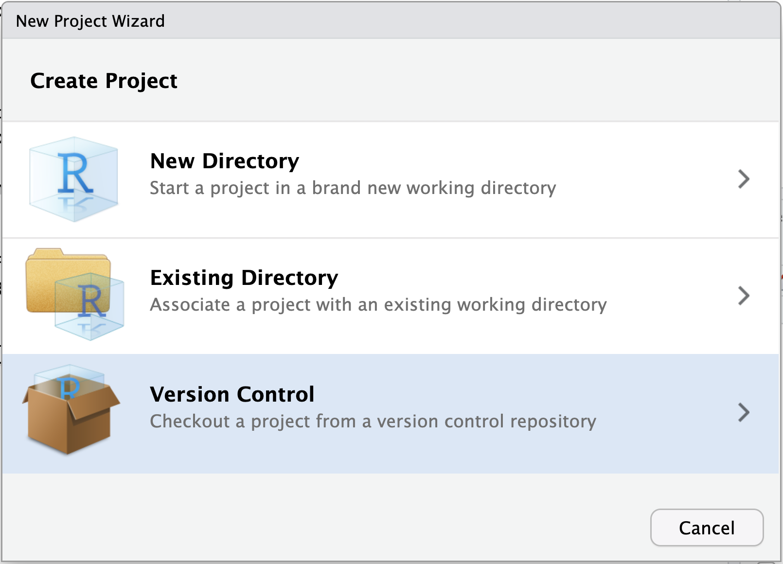 A screenshot of RStudio New Project wizard dialogue box showing the threee options available