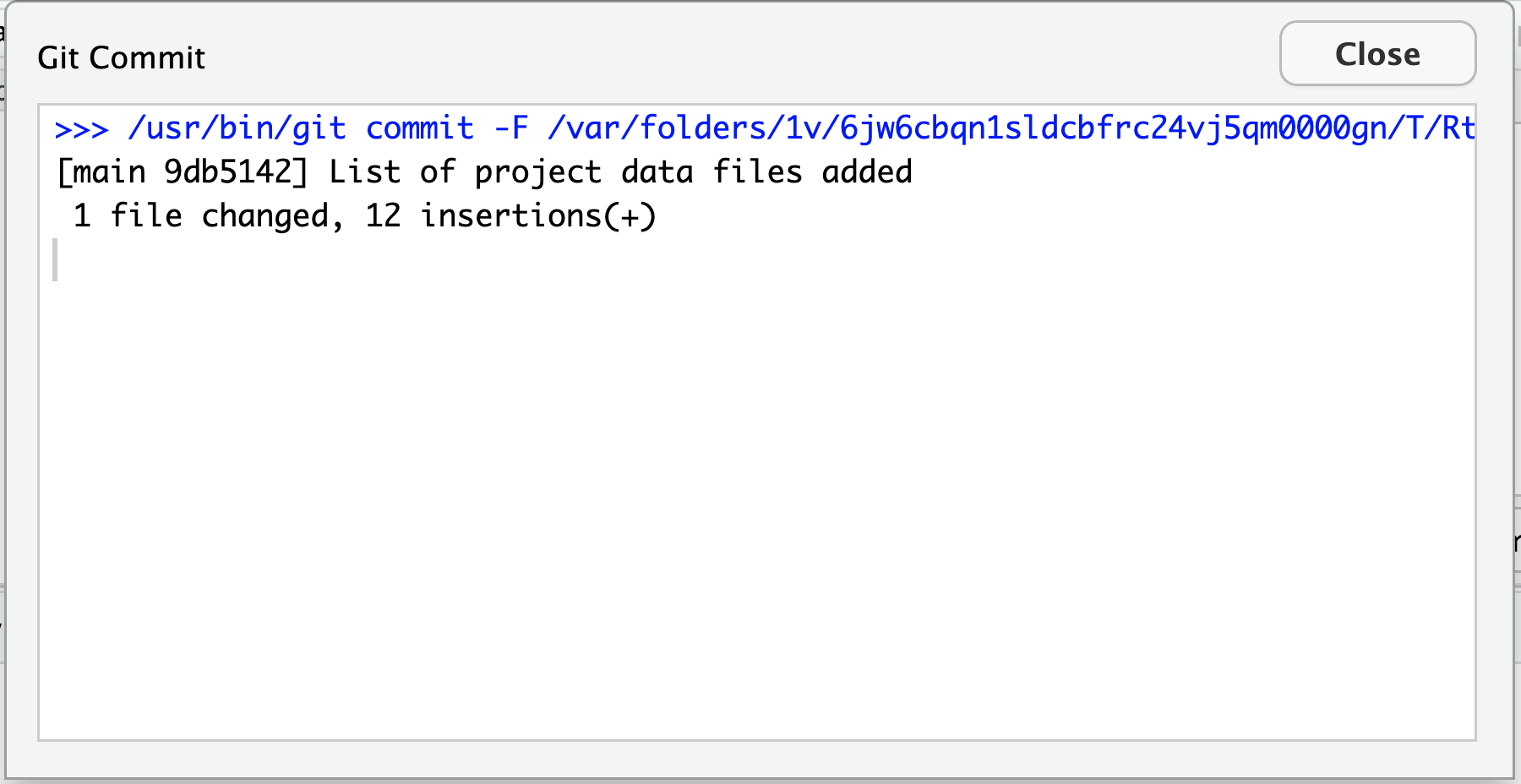 RStudio screenshot showing dialogue box confirming commit was successful.