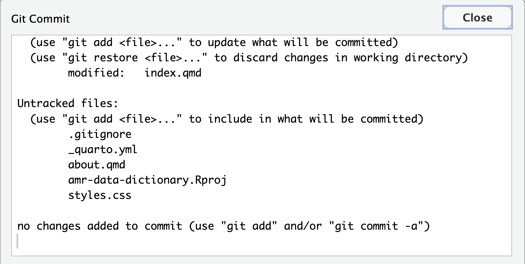 RStudio screenshot showing dialogue box when attempting to commit an unstaged commit.