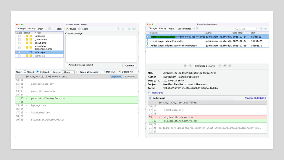 Combined screenshots showing chnages to index.qmd and that HEAD is referring to last commit