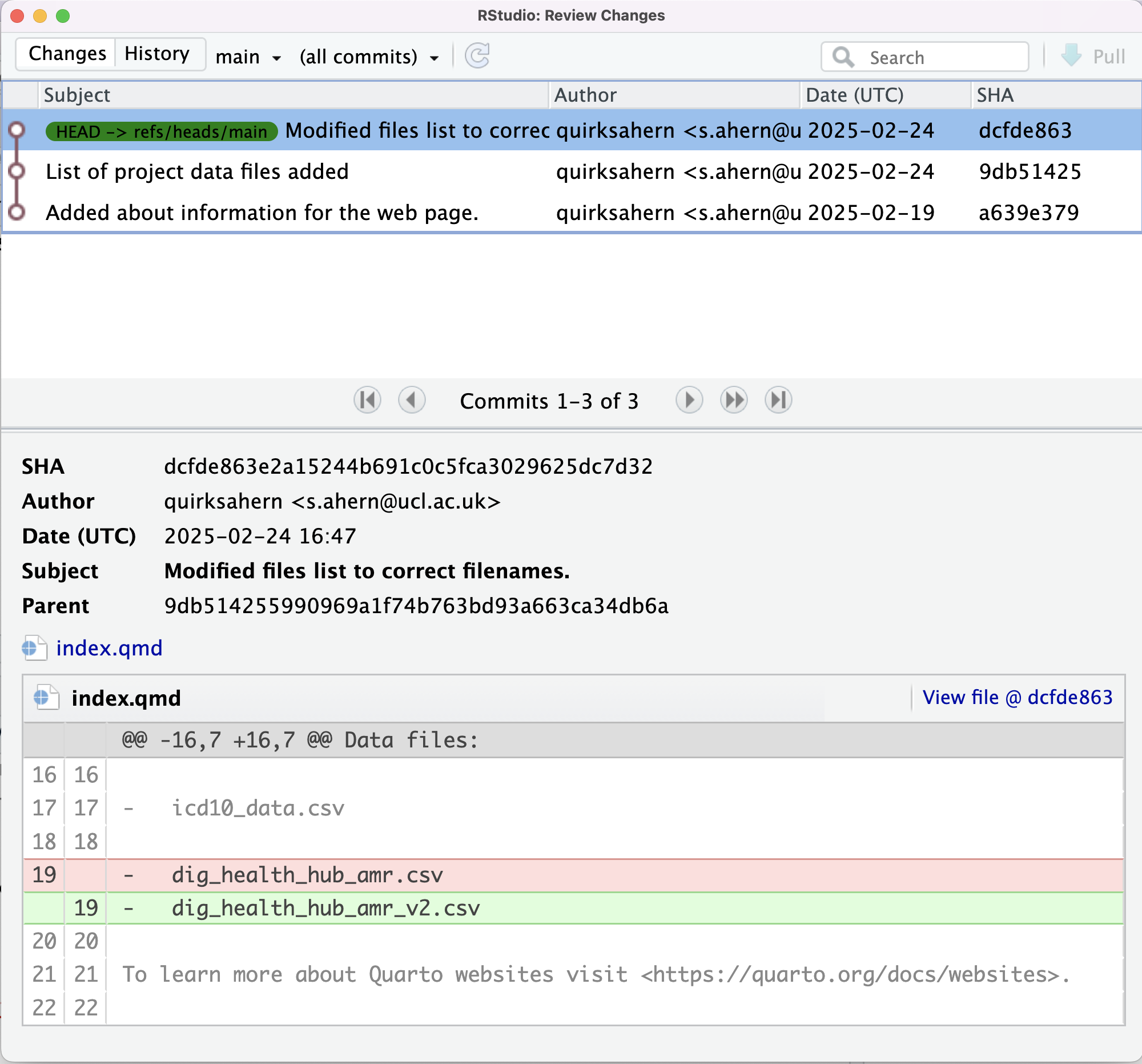 A screenshot of RStudio history of the 3 commits