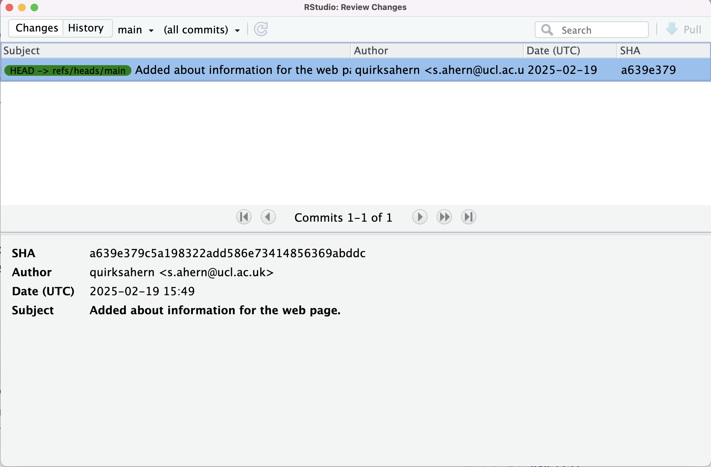 RStudio screenshot showing details of first commit in Git history.