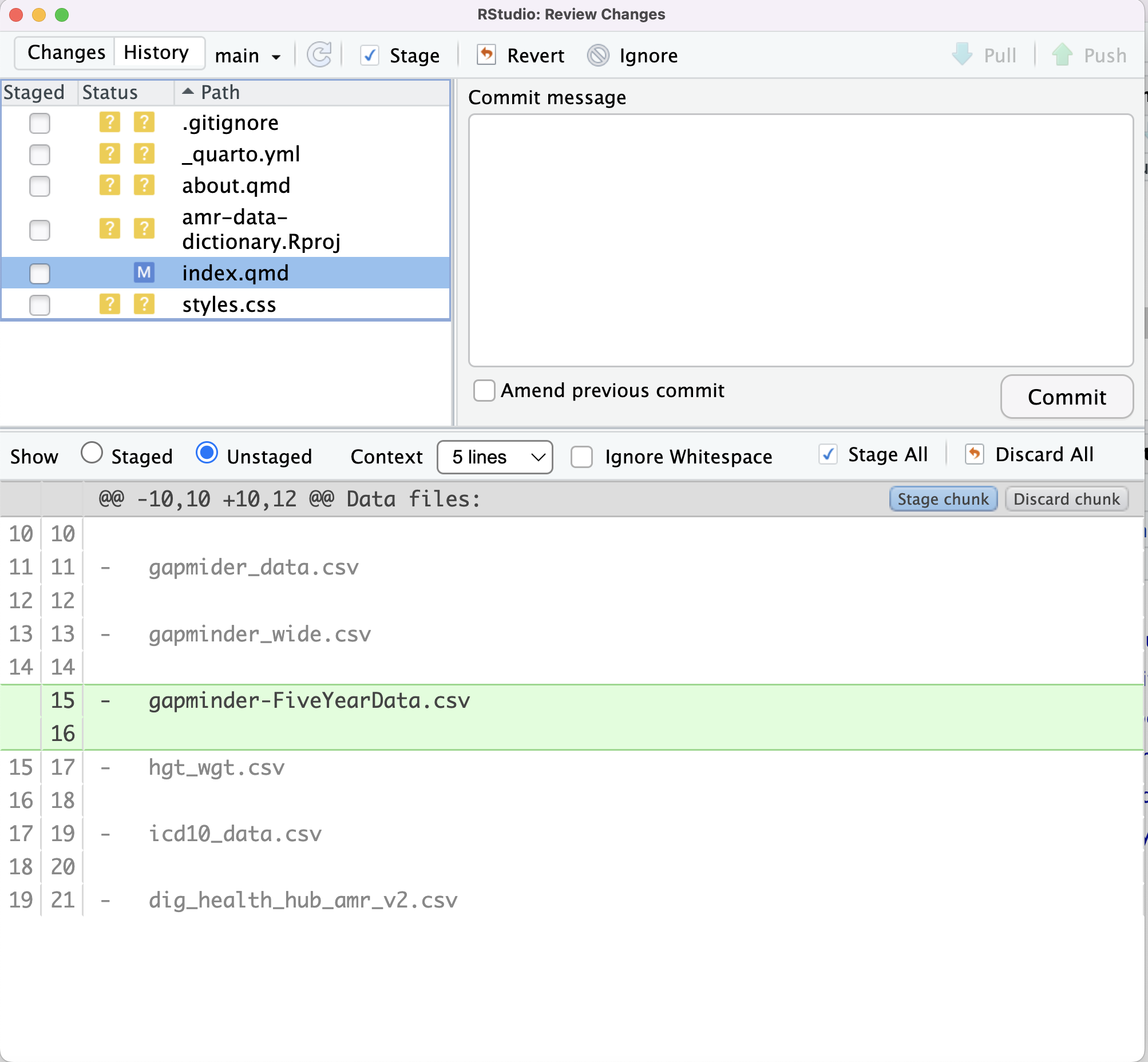 Combined screenshots showing changes to index.qmd and that HEAD is referring to last commit