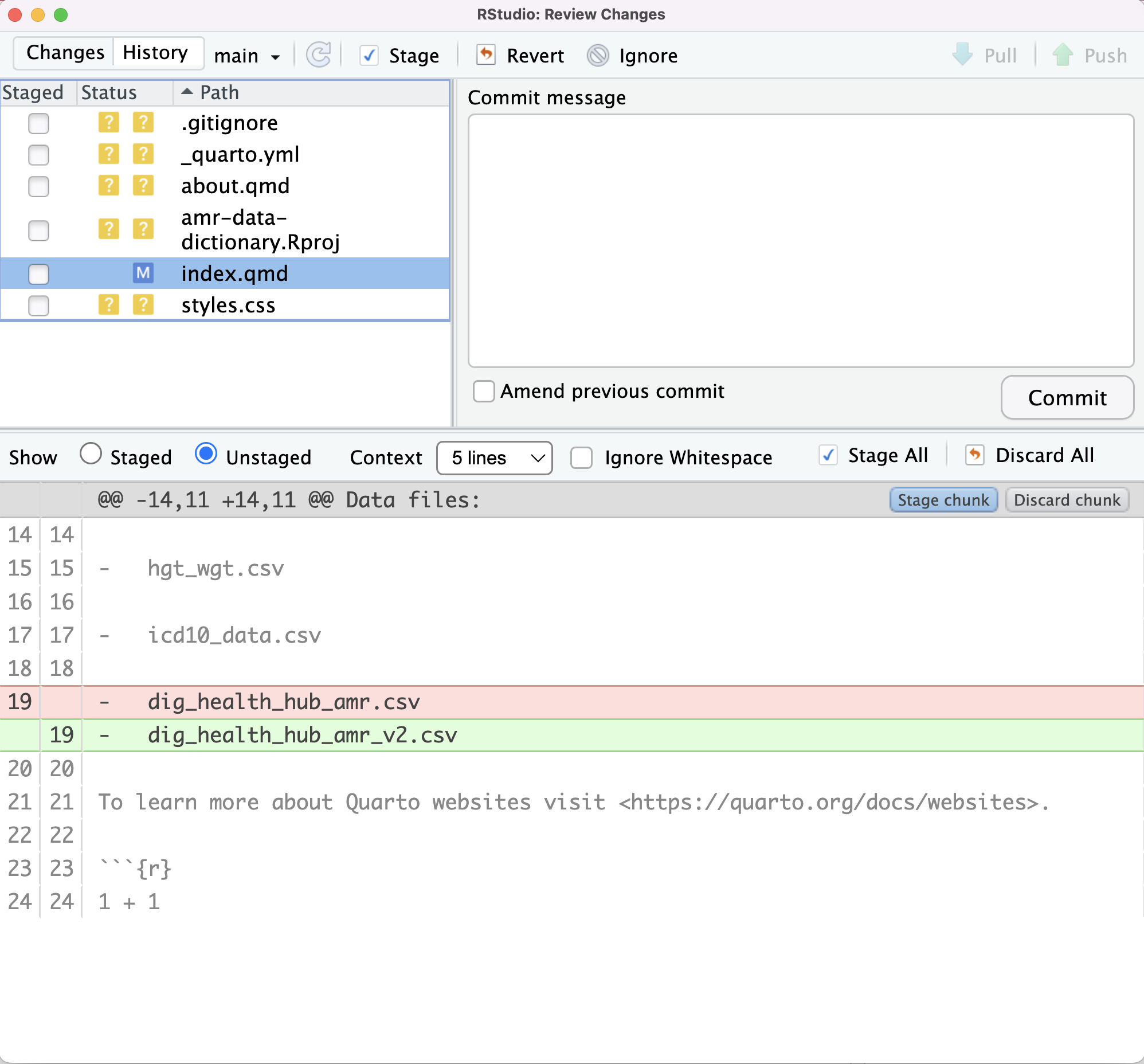 A screenshot of RStudio highlighting changes to index.qmd