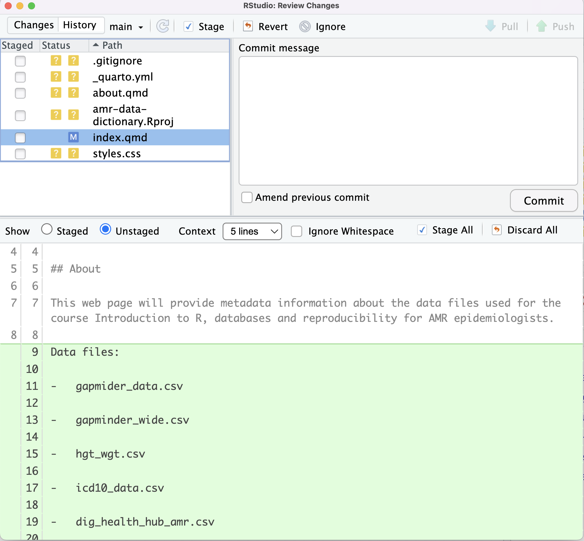 RStudio screenshot showing unstagged changes to index.qmd and the M flag to show that the file has been modified.